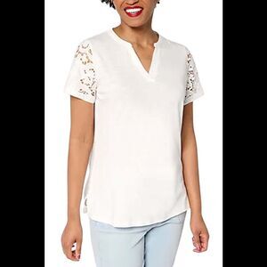 Bellisima by Kim Gravel Women's Lace Eyelet Shoulder Knit Top White - Regular